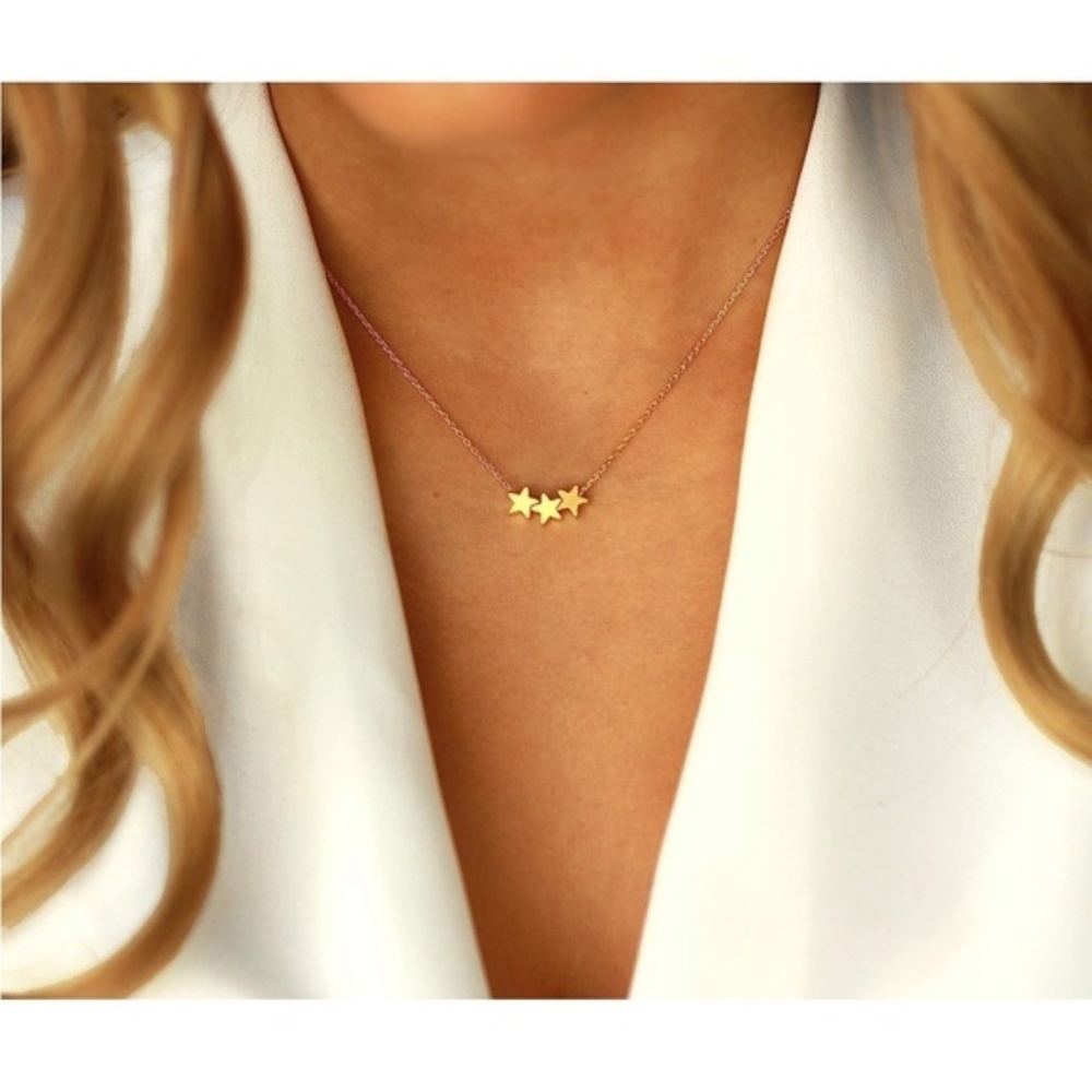 Gold 14k Gold Plated Three Star Pendant Chain Necklace